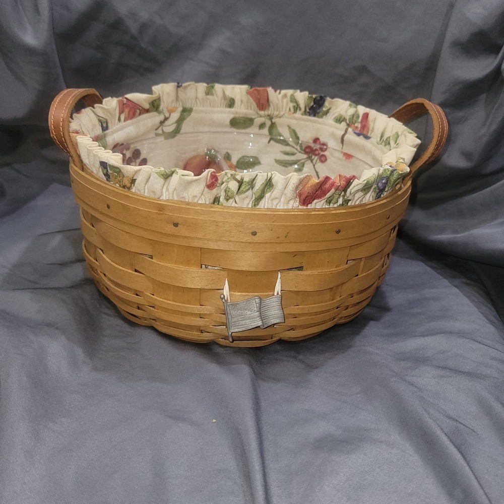 2003 Longaberger Woven Basket W/Cloth Liner Leather Handles Protector Tie On
